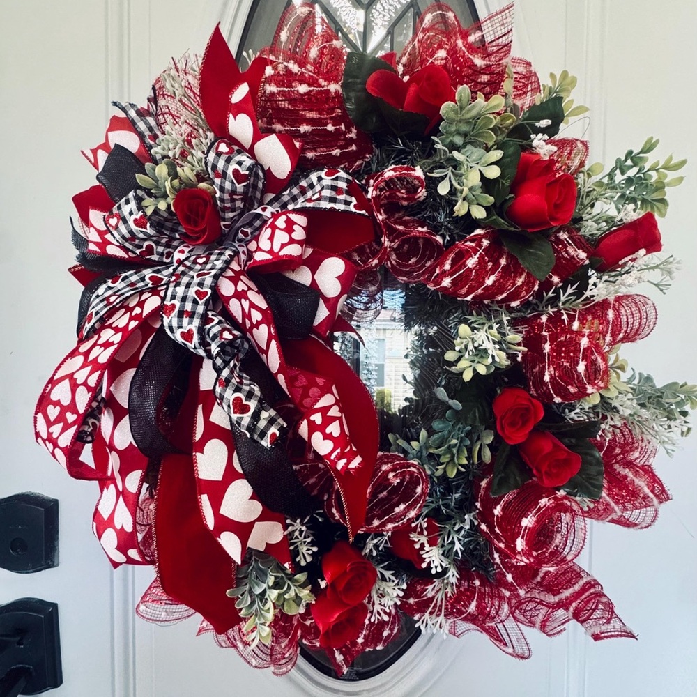 Valentine’s Day Heart Wreath | Large 24x26 Red Rose Door Decor | Handmade Luxe